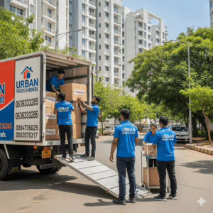 Urban Way Packers and Movers | Movers and Packers Reviews, Rating and Charges | Packers and Movers with Price | Movers and Packers in Bangalore with Price 13 Professional packers and movers from Urban Way are seen loading a truck with a ramp on a sunny day in a residential area of HSR Layout, Bangalore. The company's brand and phone numbers, 06363333285 and 06363333286, are clearly visible on the side of the vehicle.