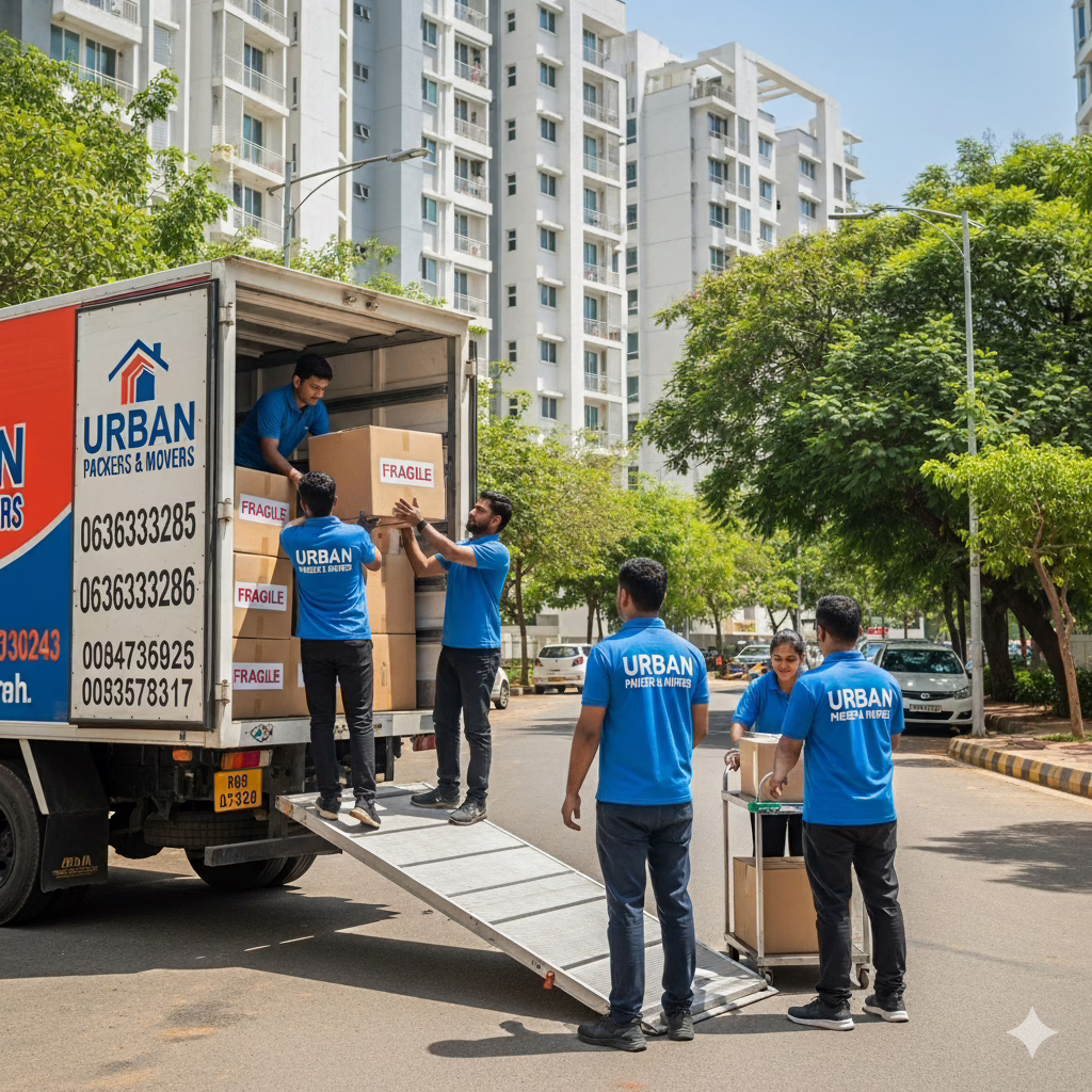 Professional packers and movers from Urban Way are seen loading a truck with a ramp on a sunny day in a residential area of HSR Layout, Bangalore. The company's brand and phone numbers, 06363333285 and 06363333286, are clearly visible on the side of the vehicle.