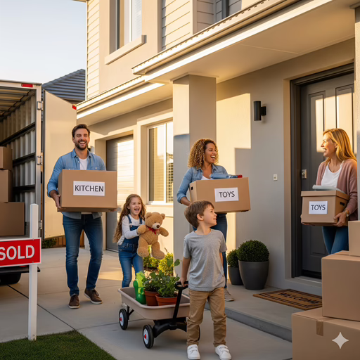 Image of family happily shifting to a new home